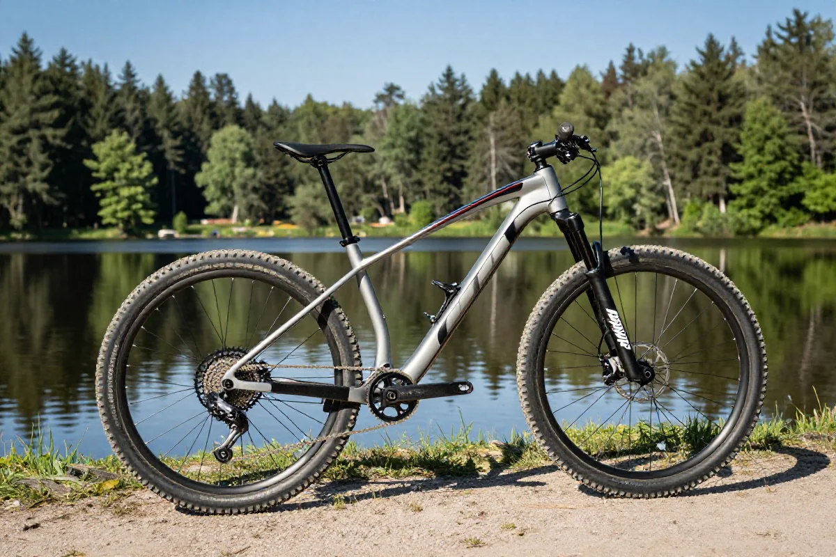 Rower górski przy jeziorze w Pomorzu, idealny do MTB.