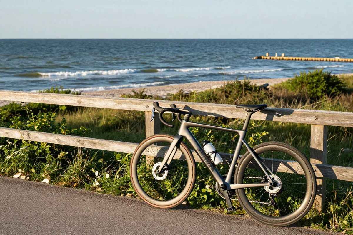 Rower na nadmorskiej trasie w Trójmieście, widok na Zalew Wiślany.