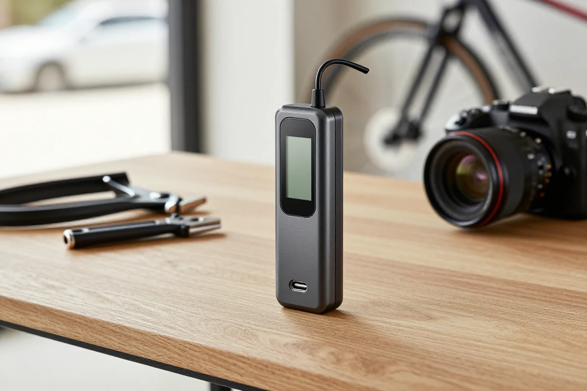 Nowoczesna pompka akumulatorowa do rowerów na drewnianym stole w garażu