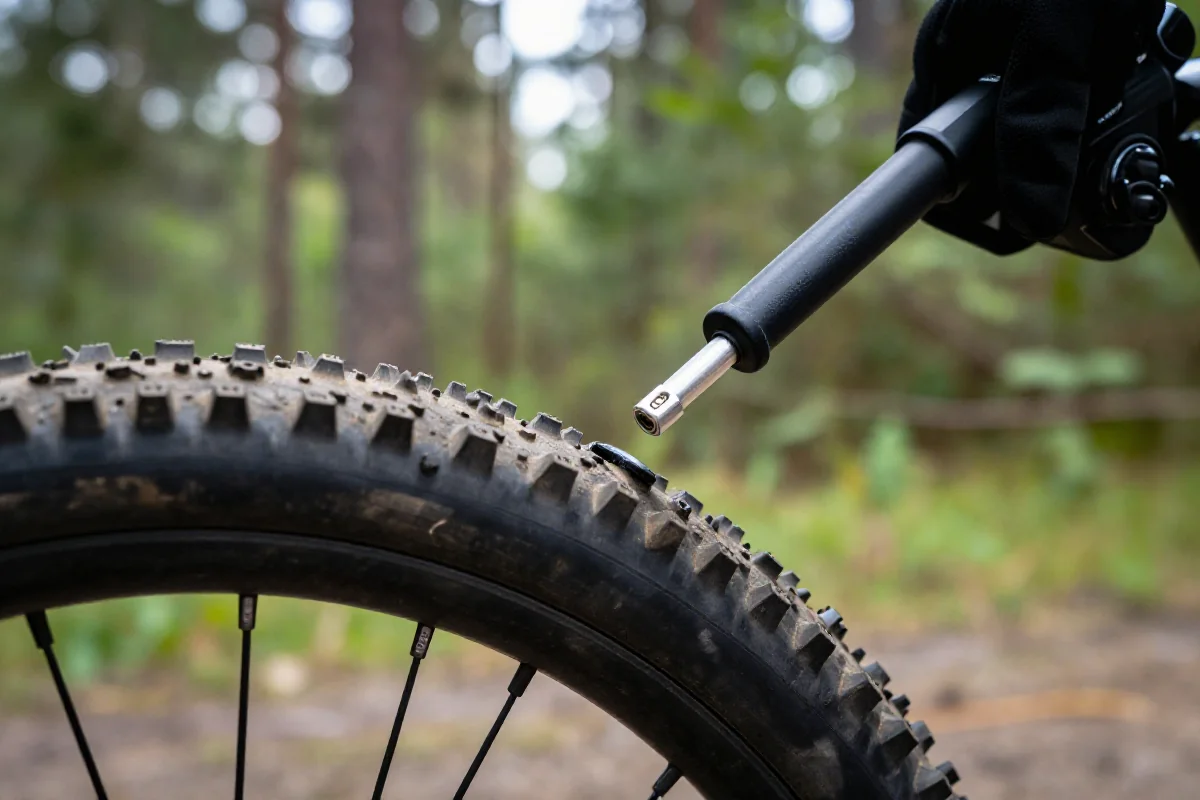 Mini pompka do roweru górskiego w terenie, napompowanie opony MTB.