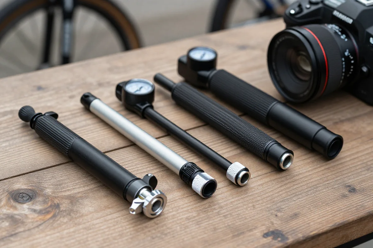 Różne pompki rowerowe na drewnianym stole, w tym ręczne i elektryczne.