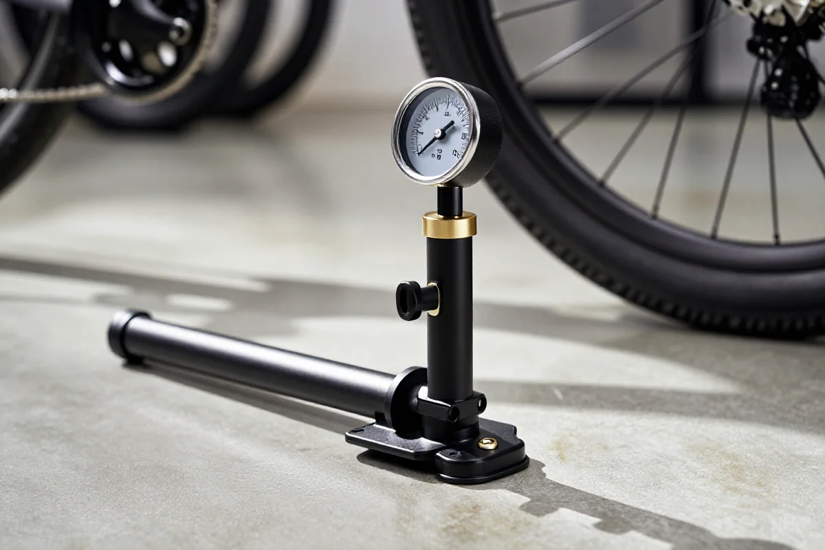Nowoczesna pompka nożna do rowerów w garażu, idealna do precyzyjnego pompowania opon.