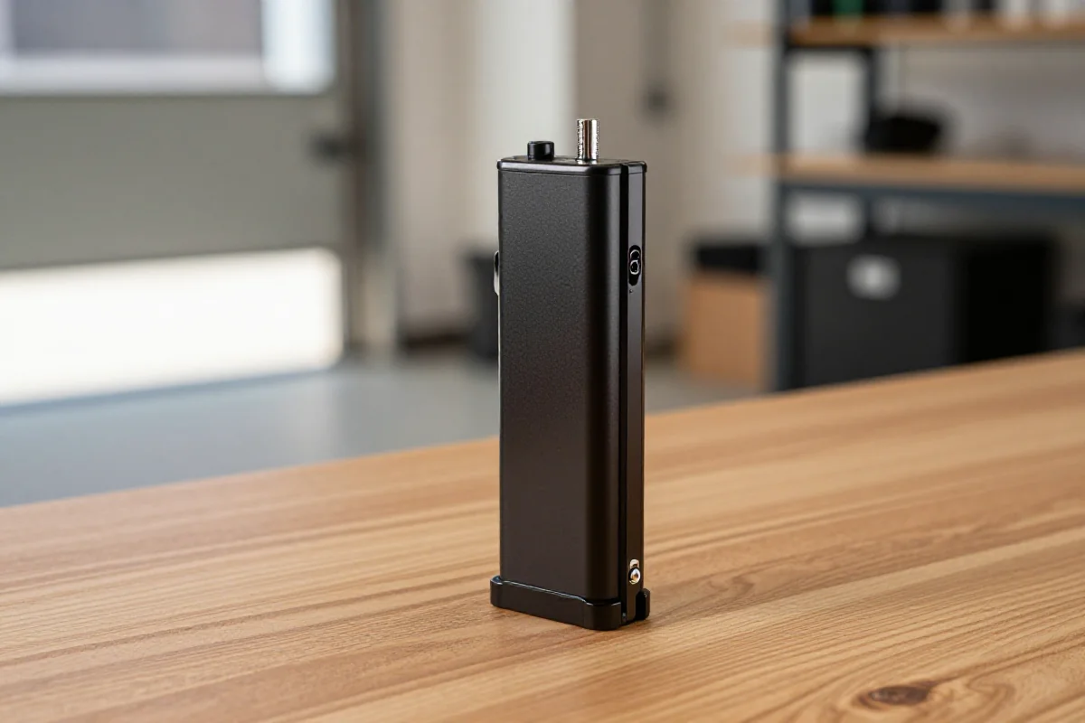 Mini pompka ręczna do roweru na stole w garażu, podkreślająca przenośność.