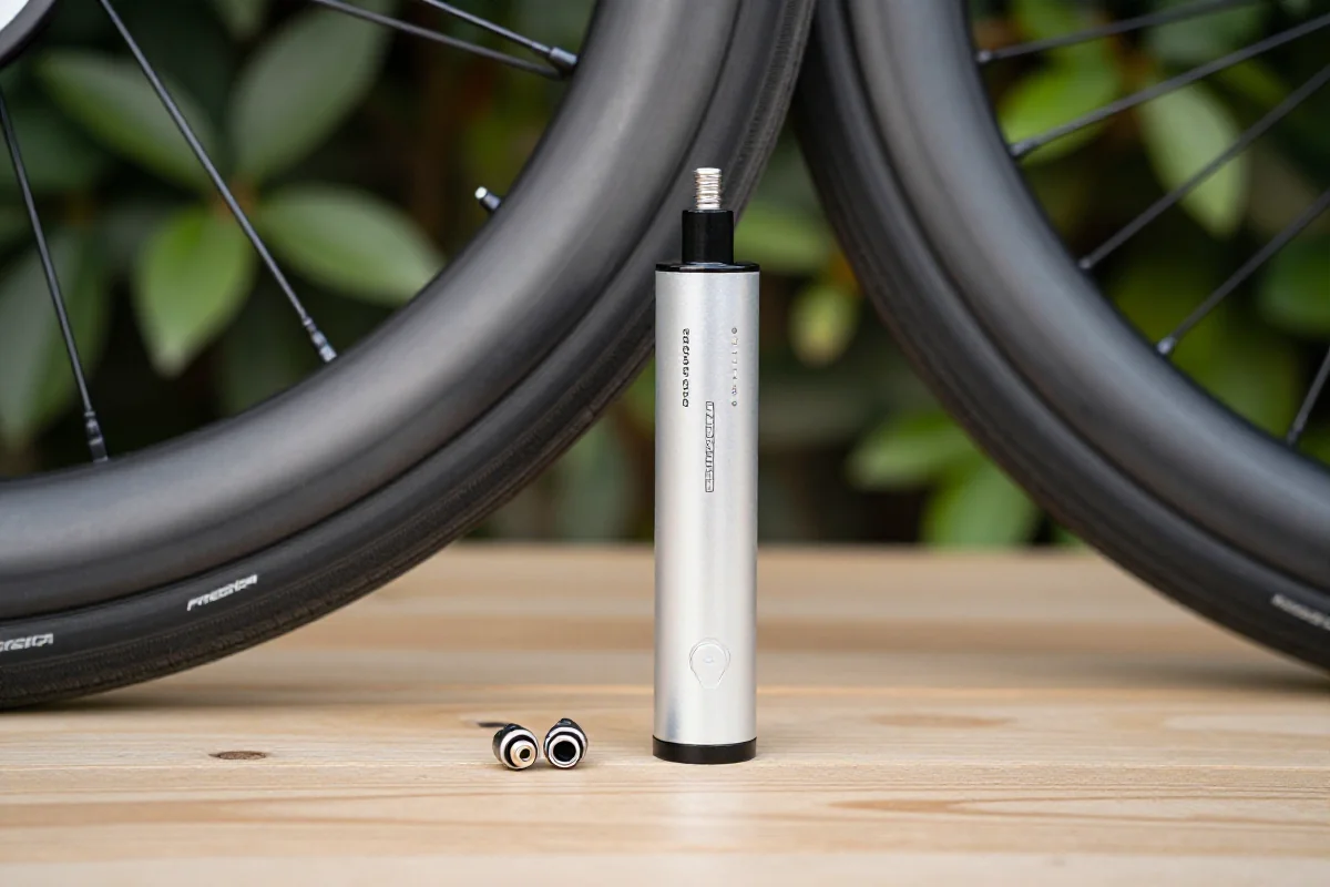 Kompaktowa pompka mini na stole, idealna do rowerów szosowych.