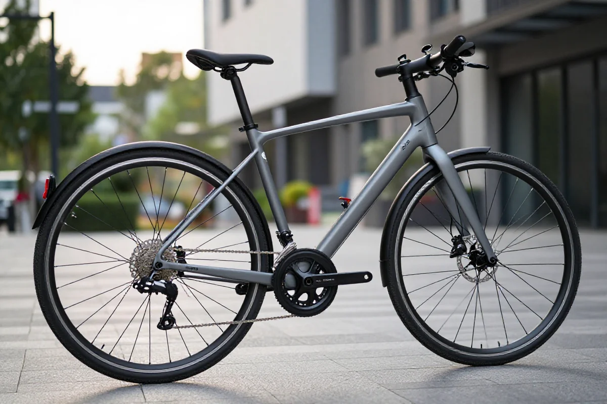 Nowoczesny rower miejski z napędem paskowym w miejskim otoczeniu.