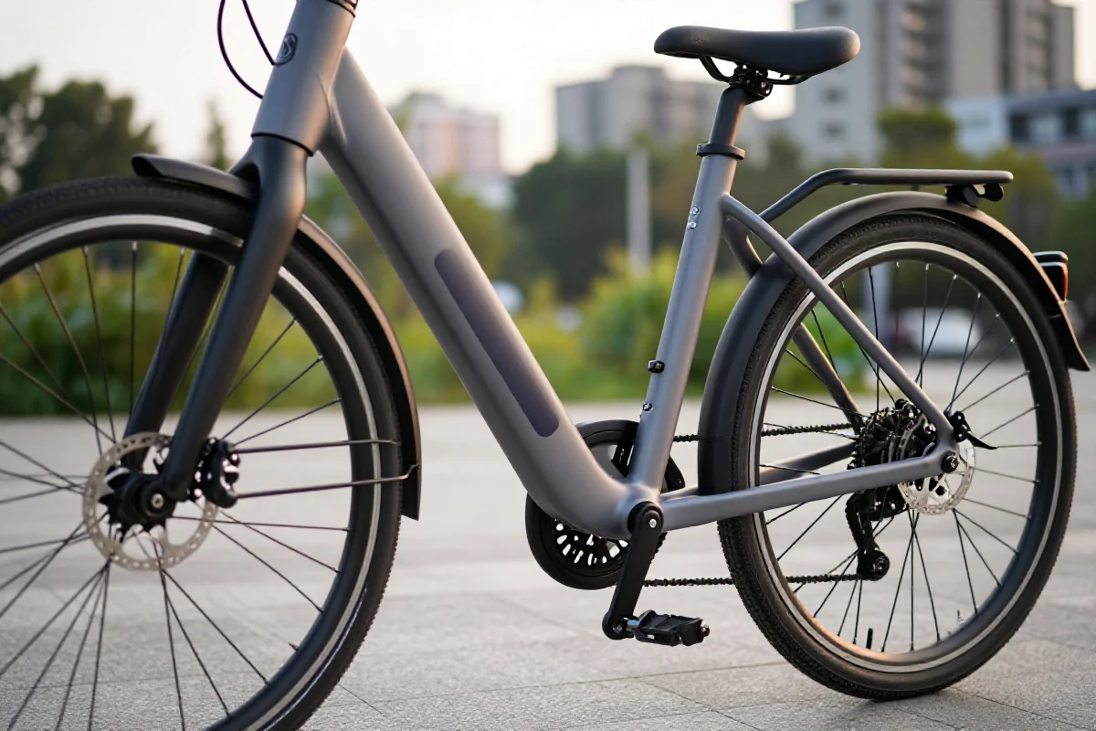 Nowoczesny rower elektryczny w miejskim otoczeniu, idealny do transportu.