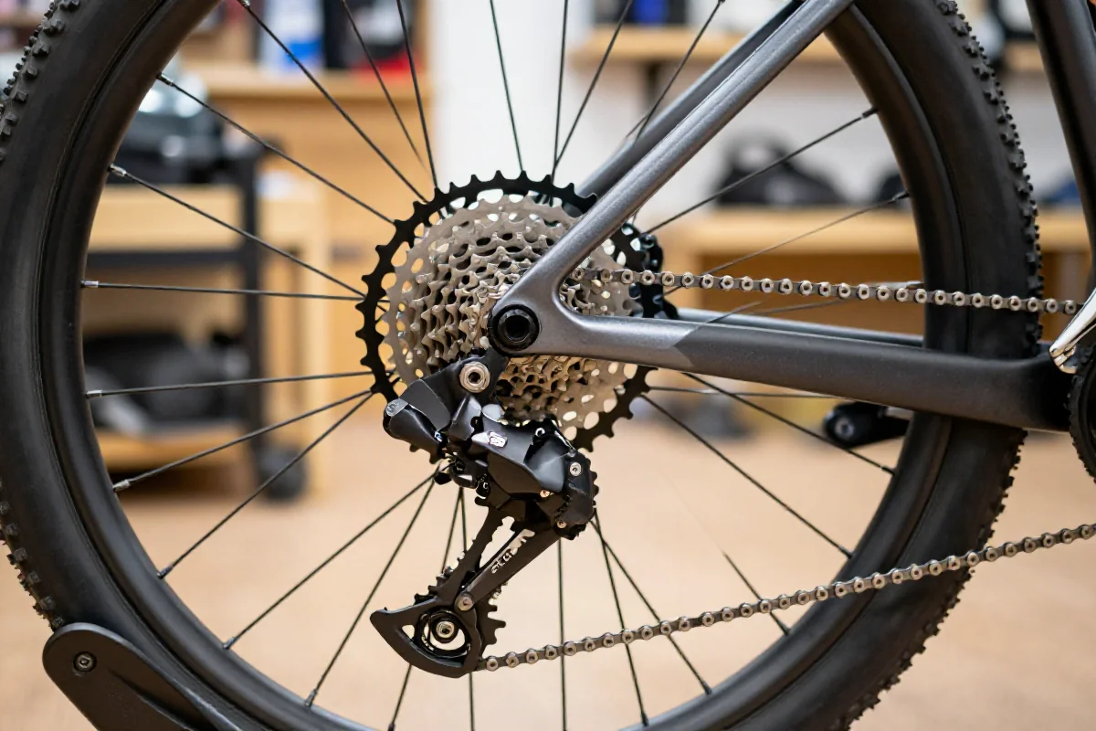 Szczegóły napędu 1x12 w rowerze górskim w warsztacie rowerowym.