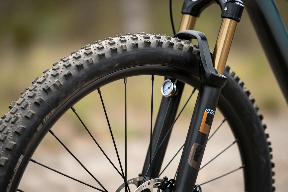 Zbliżenie na oponę roweru górskiego z oznaczeniem ciśnienia w PSI.