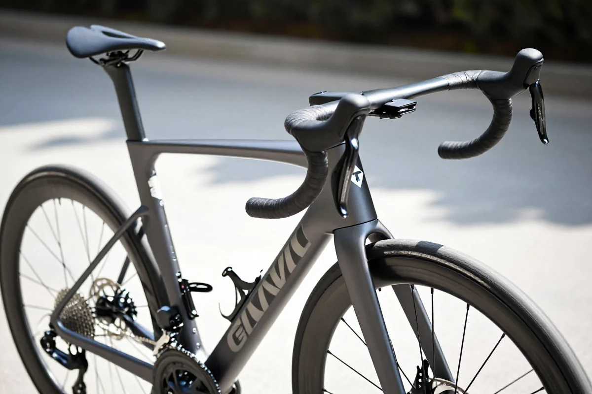 Rama roweru szosowego o agresywnej geometrii, podkreślająca aerodynamiczne cechy.