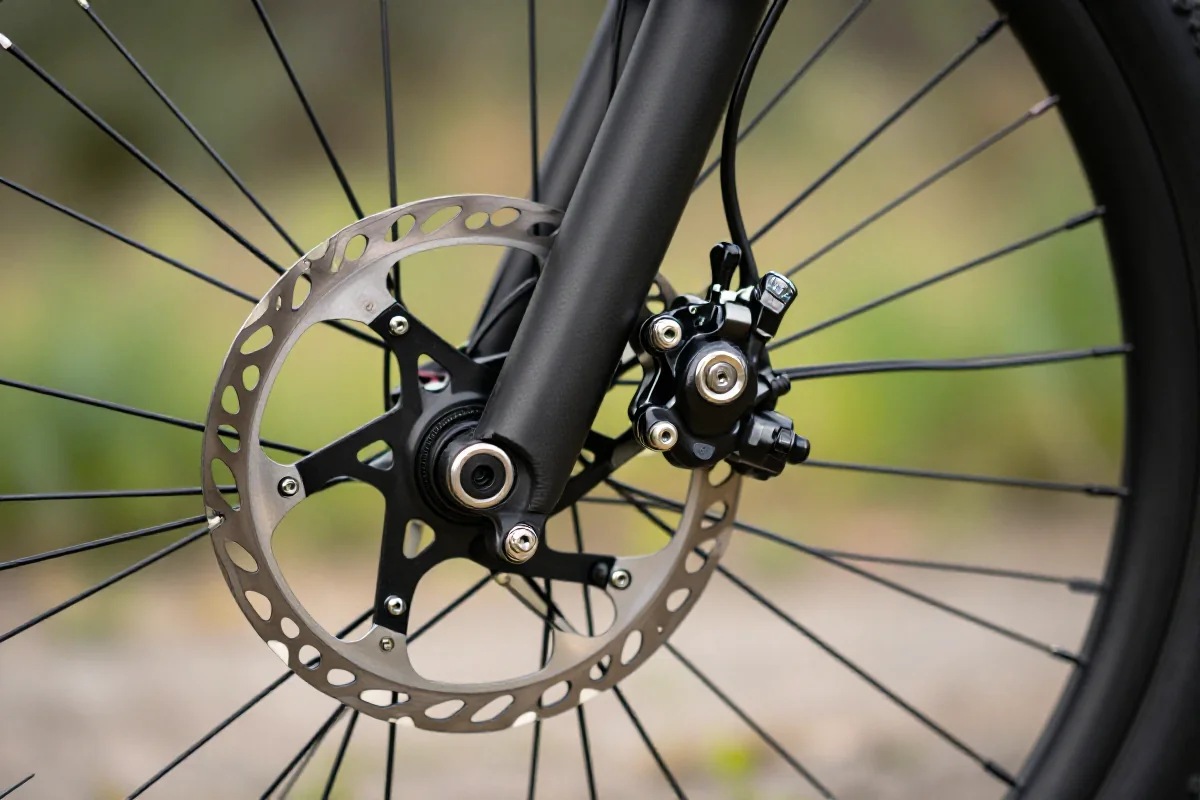 Zbliżenie hamulca tarczowego w rowerze górskim, pokazujące szczegóły techniczne.