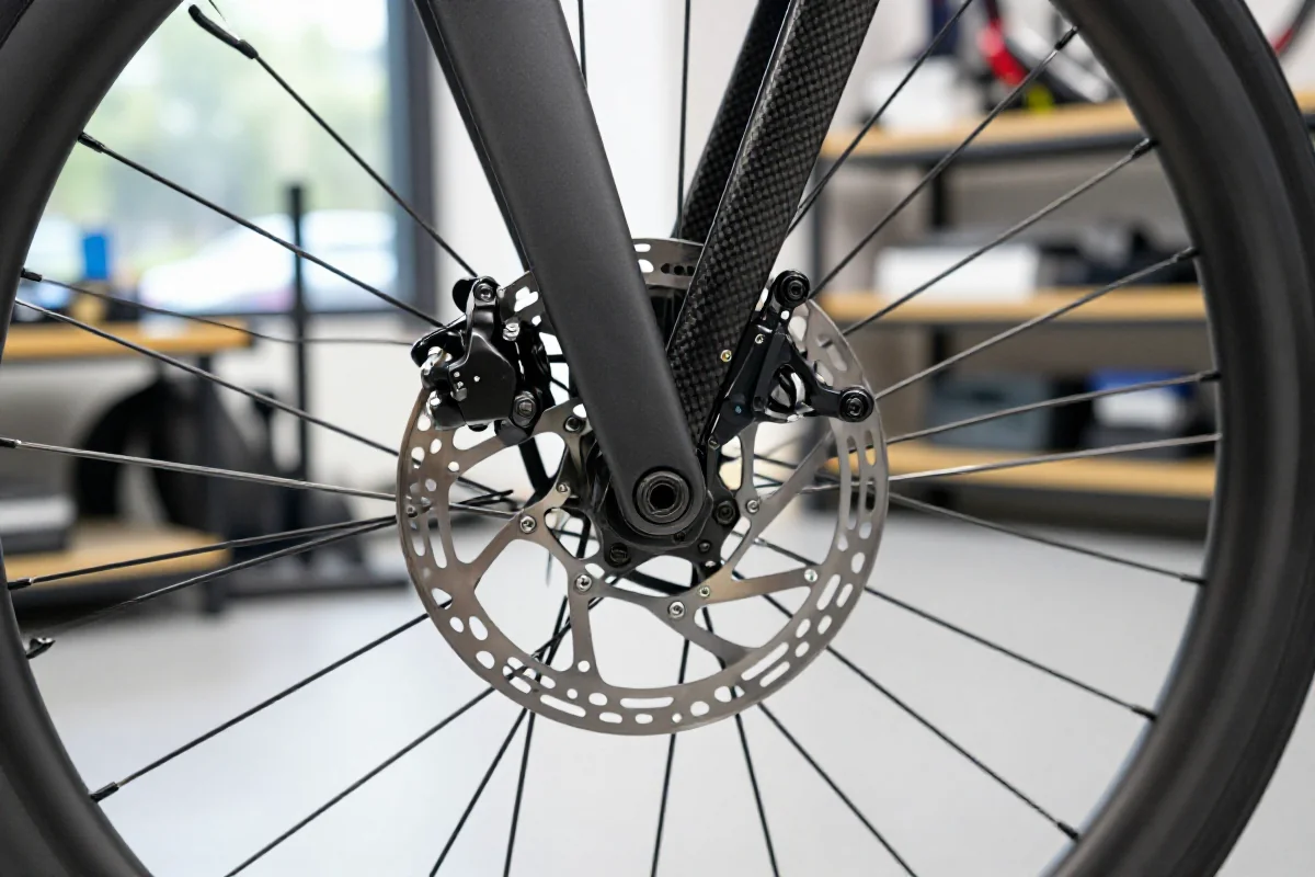 Szczegółowy widok systemu hamulcowego roweru: hamulce tarczowe i szczękowe.