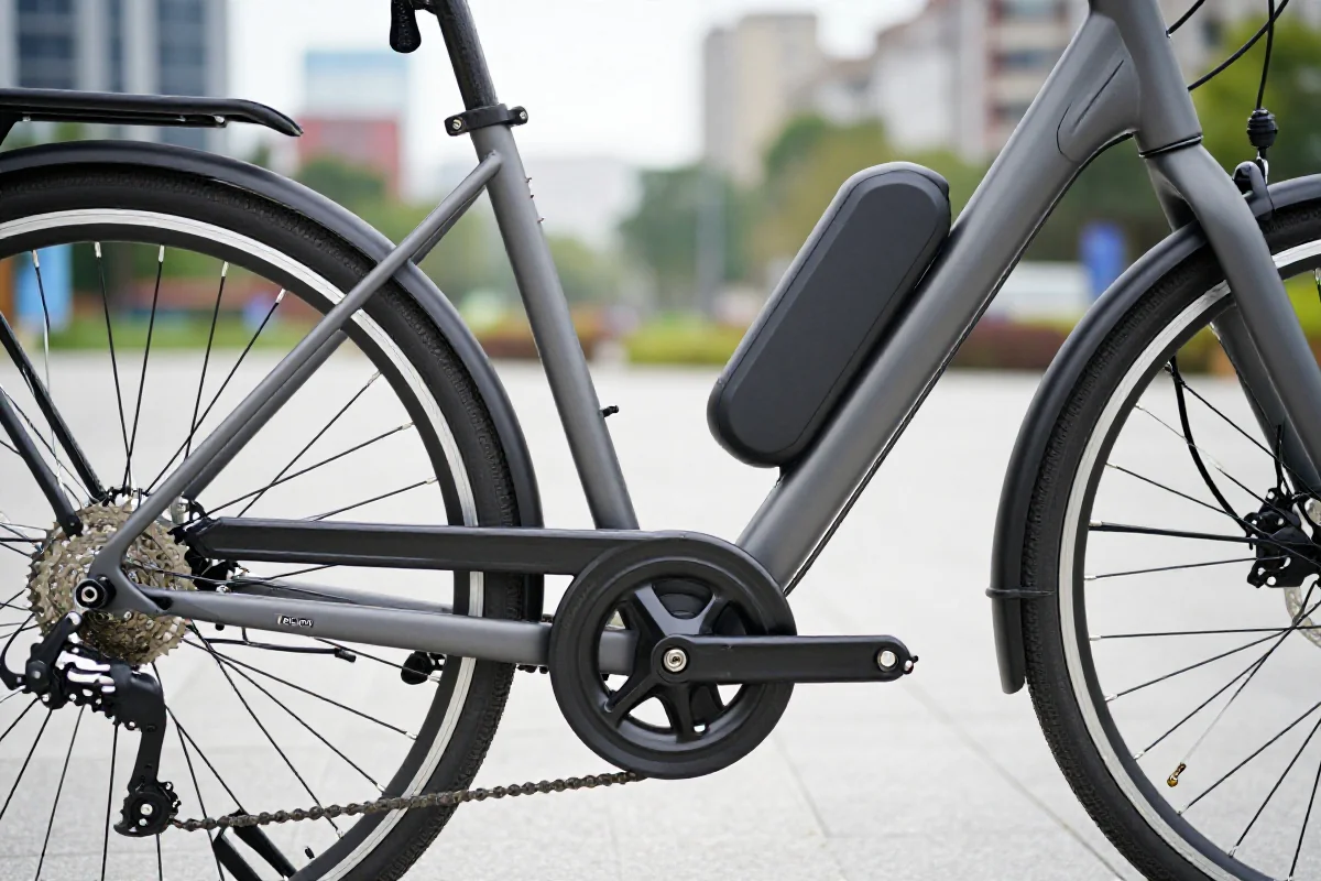 Nowoczesny rower elektryczny pedelec w miejskim otoczeniu, ukazujący szczegóły techniczne.