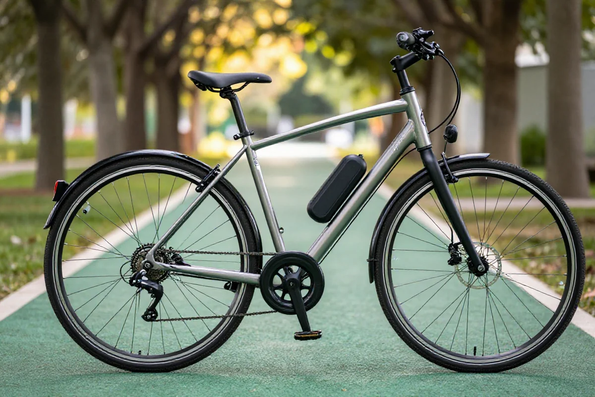 Szczegóły elektrycznego roweru pedelec na ścieżce rowerowej.