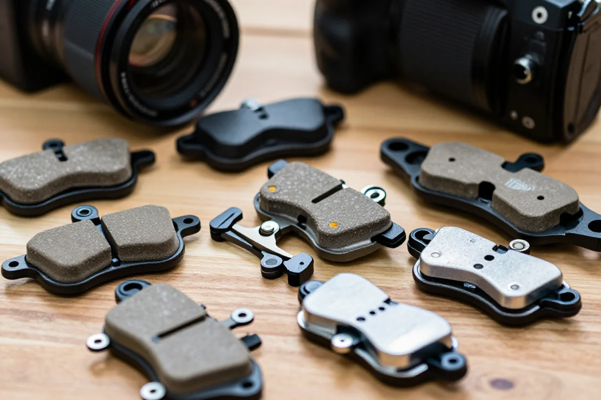 Różne rodzaje klocków hamulcowych na drewnianej powierzchni.