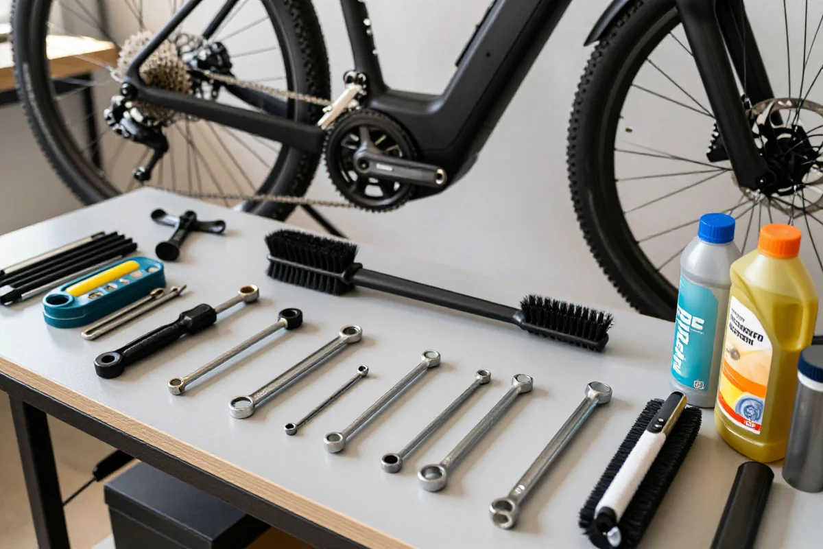 Warsztat do konserwacji roweru z narzędziami i częściami zamiennymi.