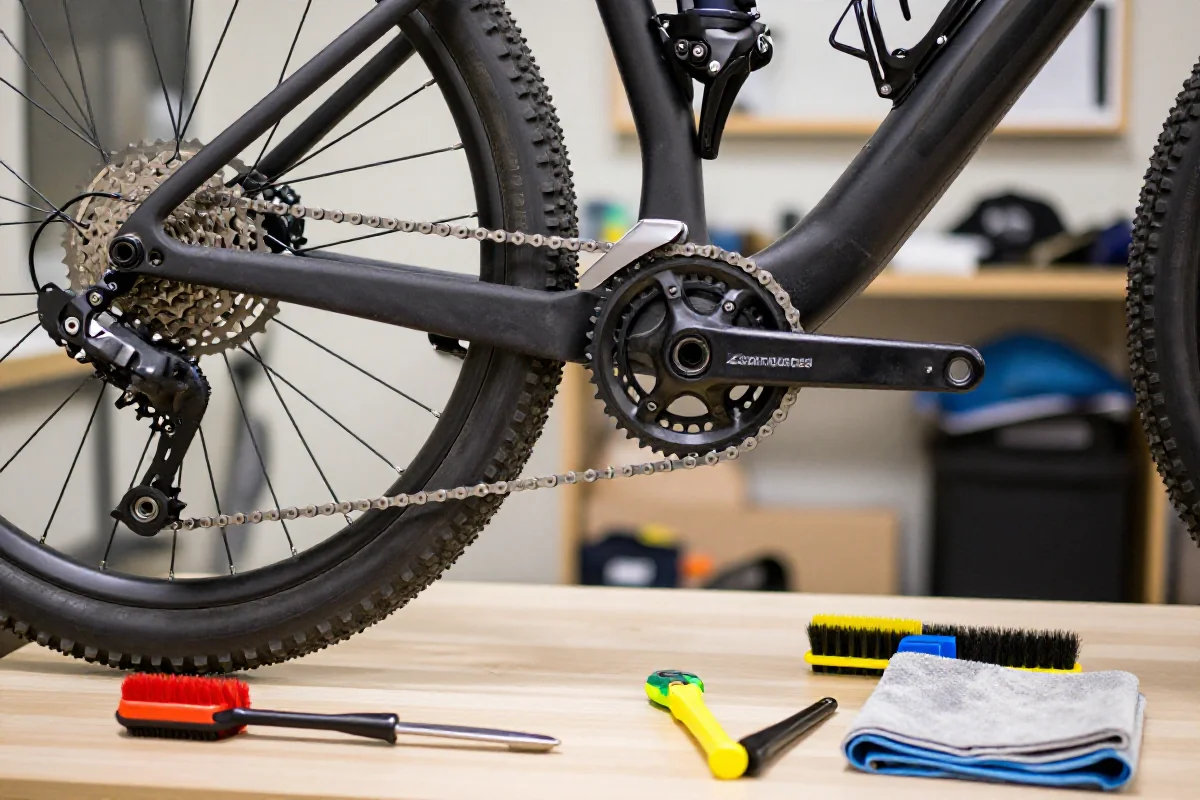 Detale napędu roweru górskiego w warsztacie, podkreślające konieczność czyszczenia.