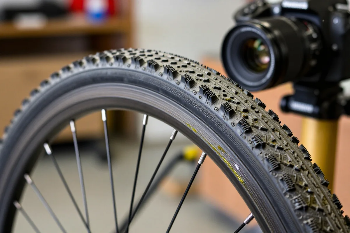 Zbliżenie na oponę tubeless z mleczkiem uszczelniającym w warsztacie rowerowym.