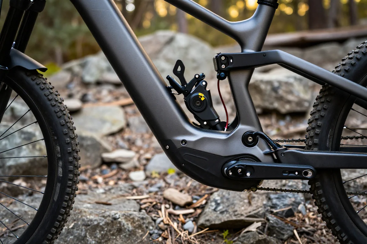 Silnik elektryczny w rowerze górskim Enduro na kamienistym terenie