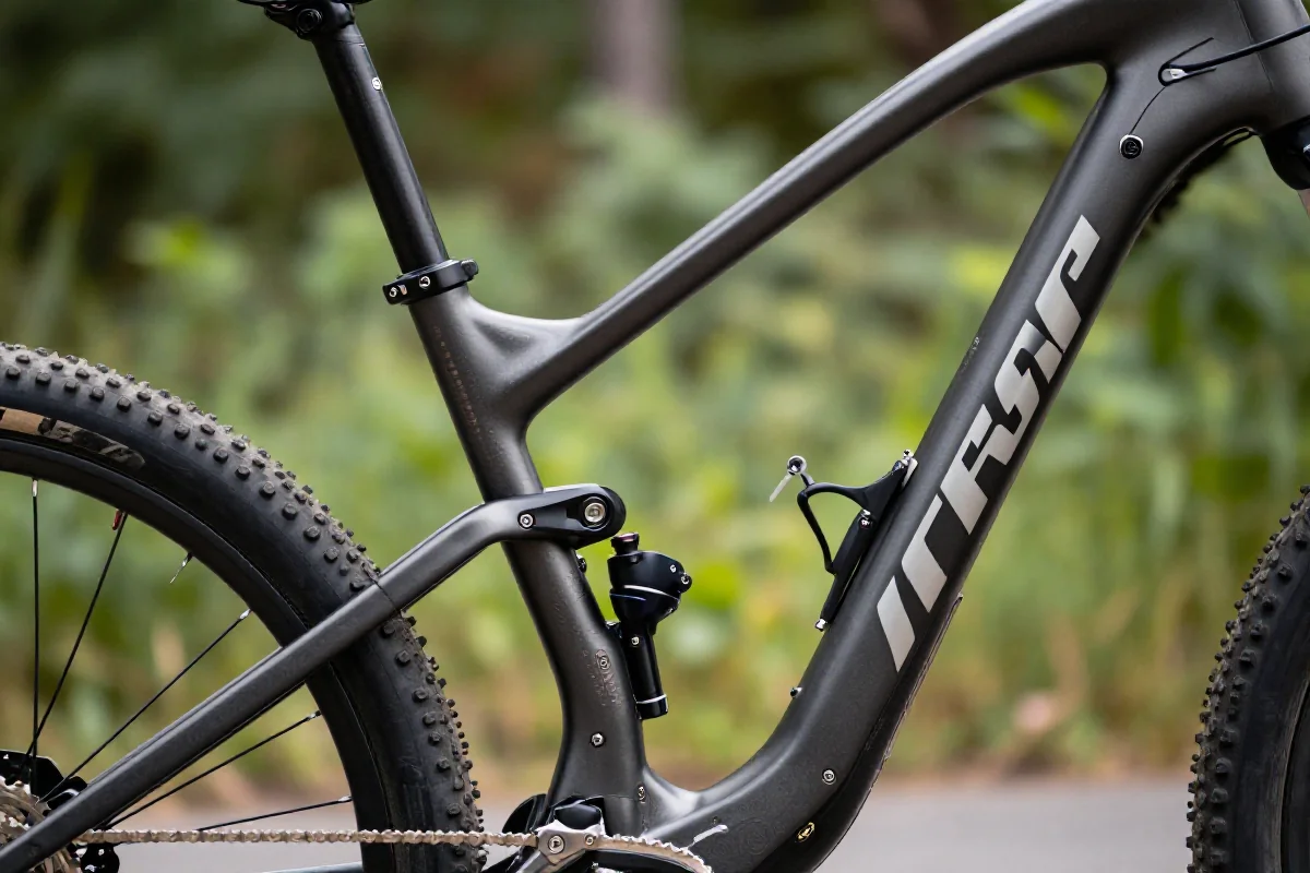 Szczegółowy widok na ramę roweru górskiego w naturalnym otoczeniu.