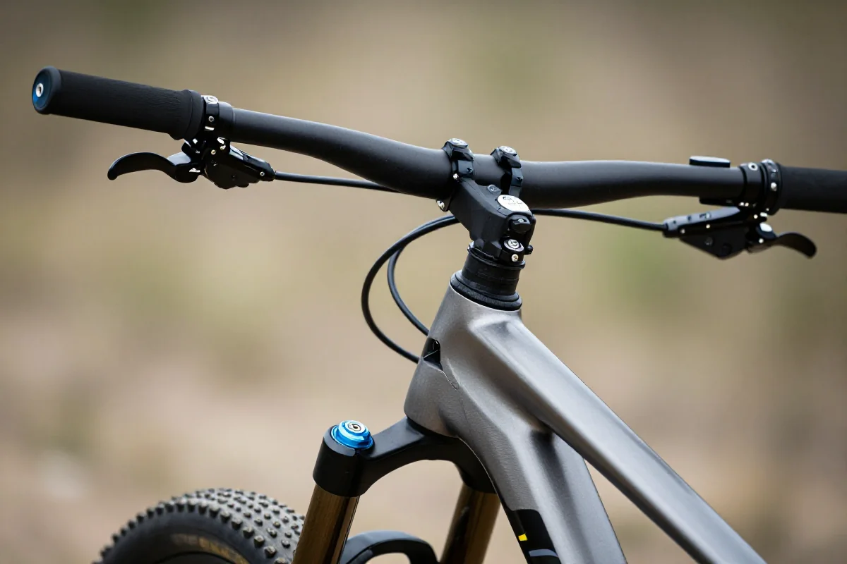 Zbliżenie na kokpit roweru górskiego, ukazujące kierownicę i wspornik.