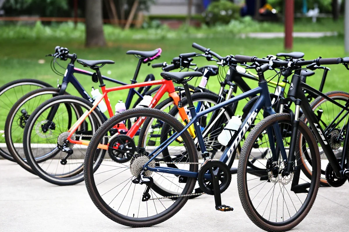 Różnorodne rowery w klubie kolarskim w Polsce, różne typy i akcesoria.