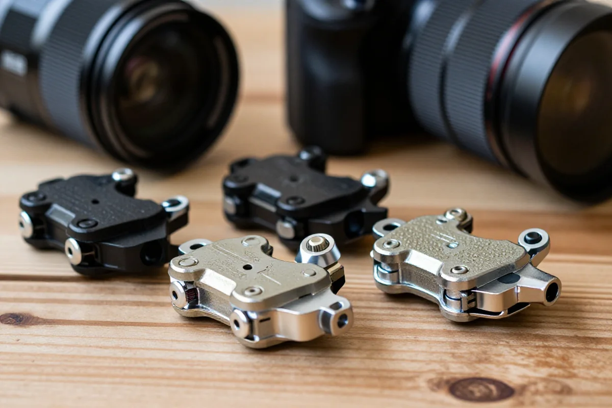 Zbliżenie na klocki hamulcowe MTB z różnych materiałów na drewnianej powierzchni.