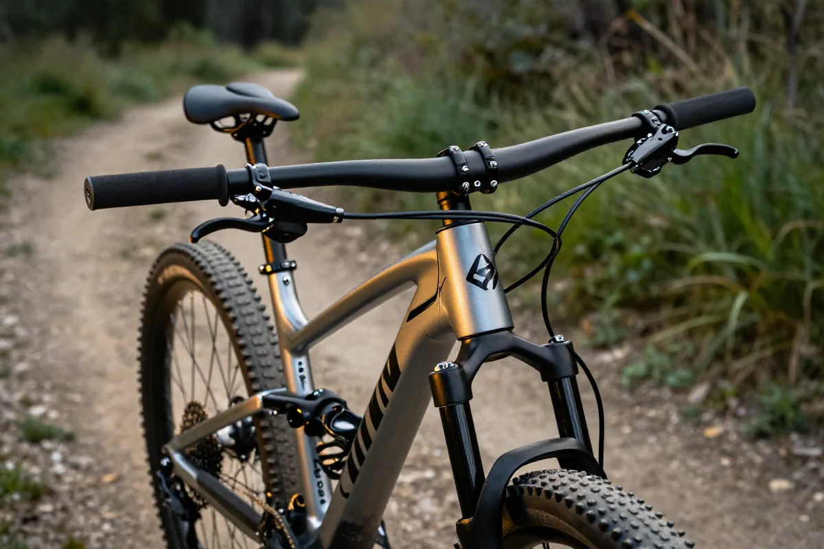 Nowoczesny rower górski z detalami komponentów na szlaku leśnym.