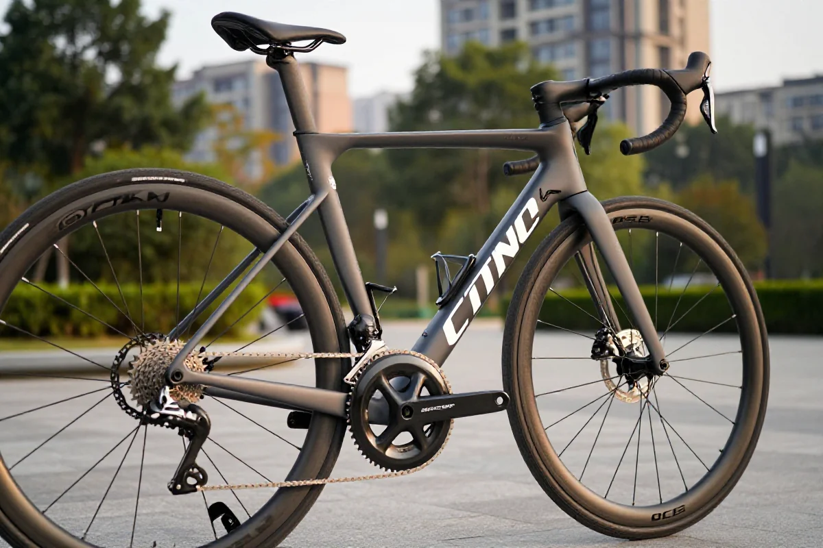 Szczegóły roweru szosowego w miejskim otoczeniu, podkreślające ubezpieczenie OC dla rowerzystów.