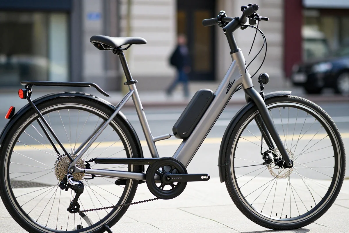 S-pedelec elektryczny rower w miejskim otoczeniu, zbliżenie na ramę i komponenty.