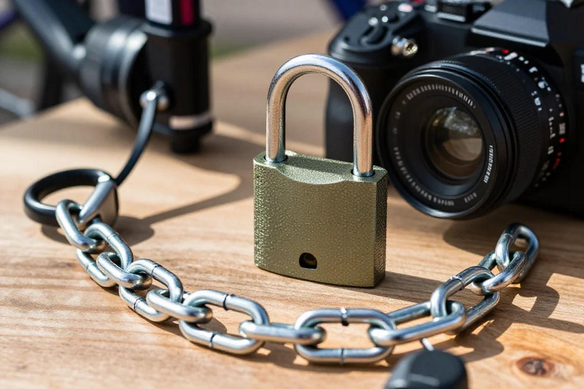 Zabezpieczenia rowerowe, w tym zapięcia U-lock i łańcuchowe na drewnianym tle.