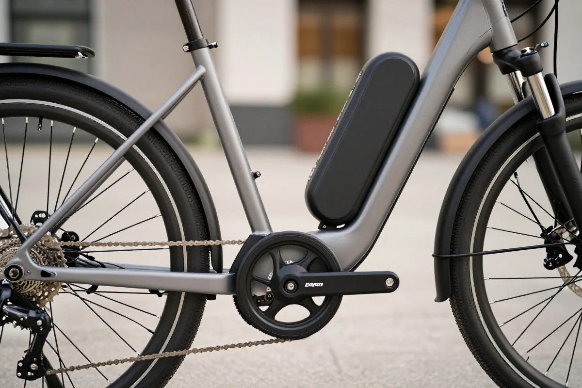 Szczegółowy widok na rower elektryczny z komponentami e-bike w mieście.