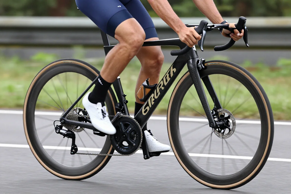 Aerodynamic rower szosowy z włókna węglowego w akcji podczas sprintu.