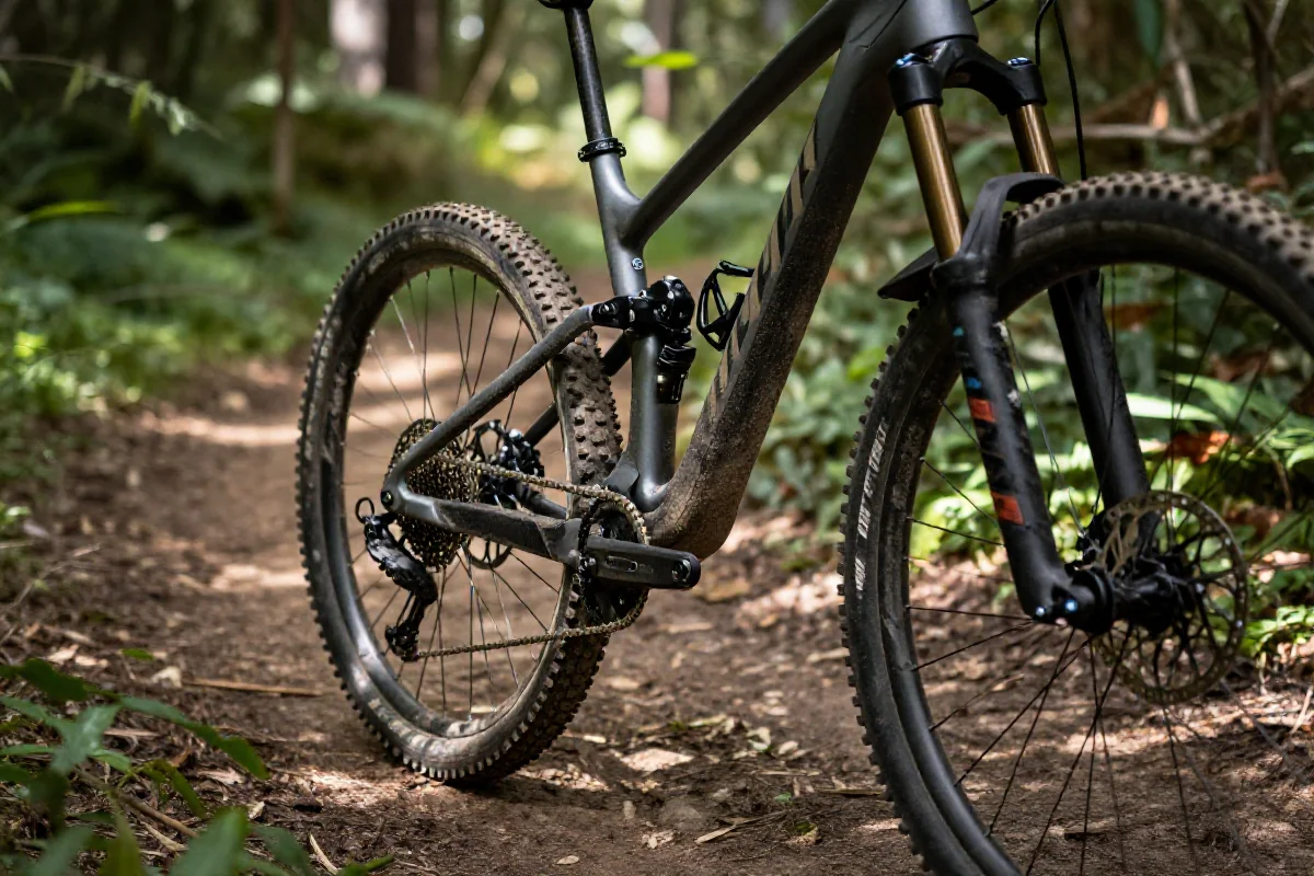 Zbliżenie na rower górski z uszkodzeniami na leśnym szlaku