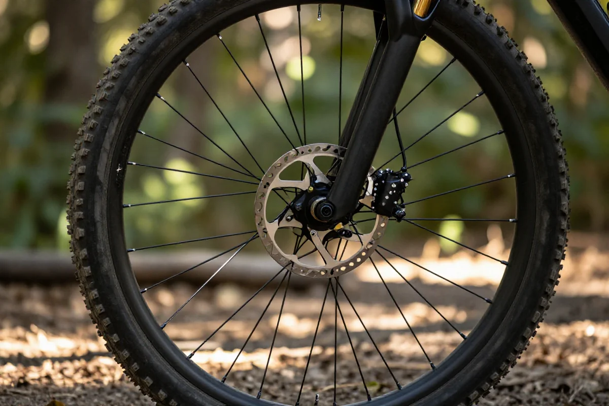 Zbliżenie na koło roweru górskiego i system hamulcowy w lesie.