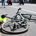 Wypadek rowerowy z rowerem drogowym, widok na uszkodzenia i akcesoria bezpieczeństwa.
