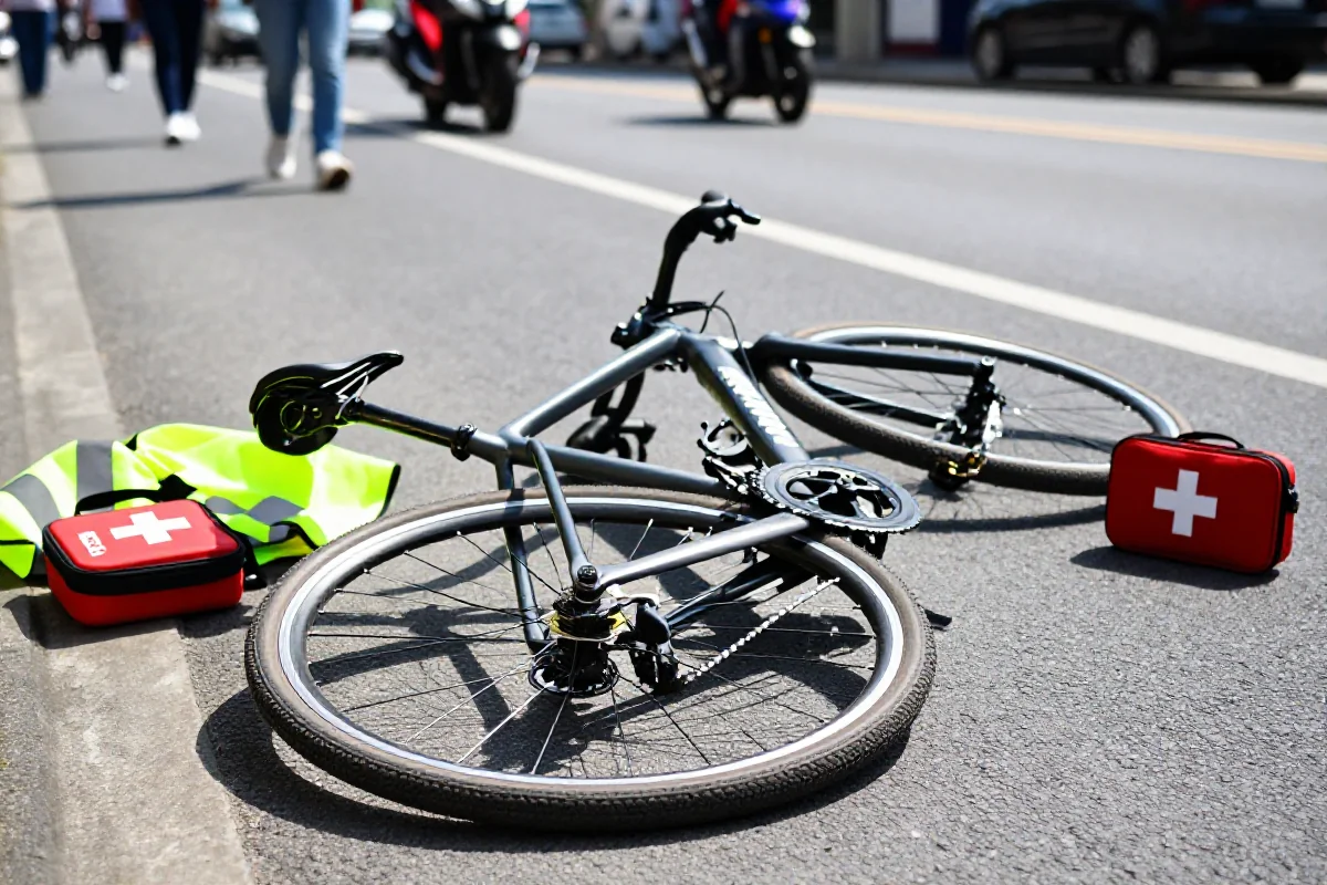 Wypadek rowerowy z rowerem drogowym, widok na uszkodzenia i akcesoria bezpieczeństwa.