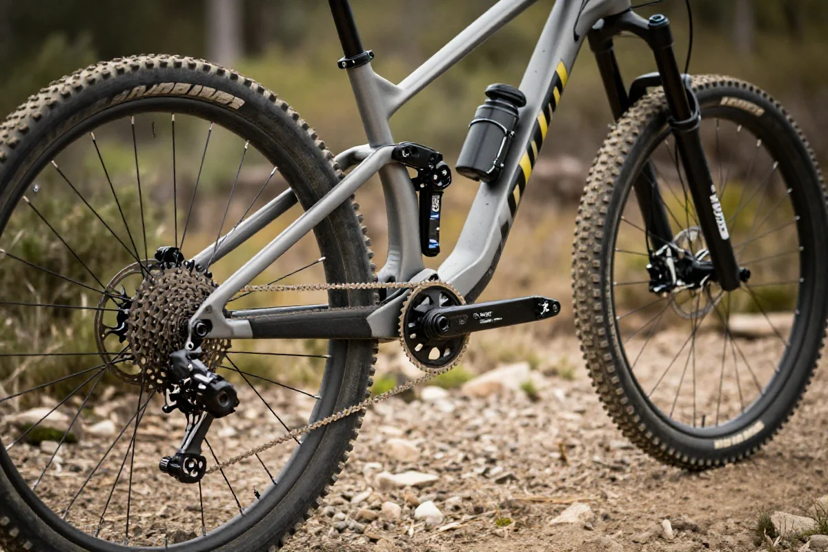Rower górski na trudnym szlaku, ukazujący wytrzymałość mocy i techniczne detale.