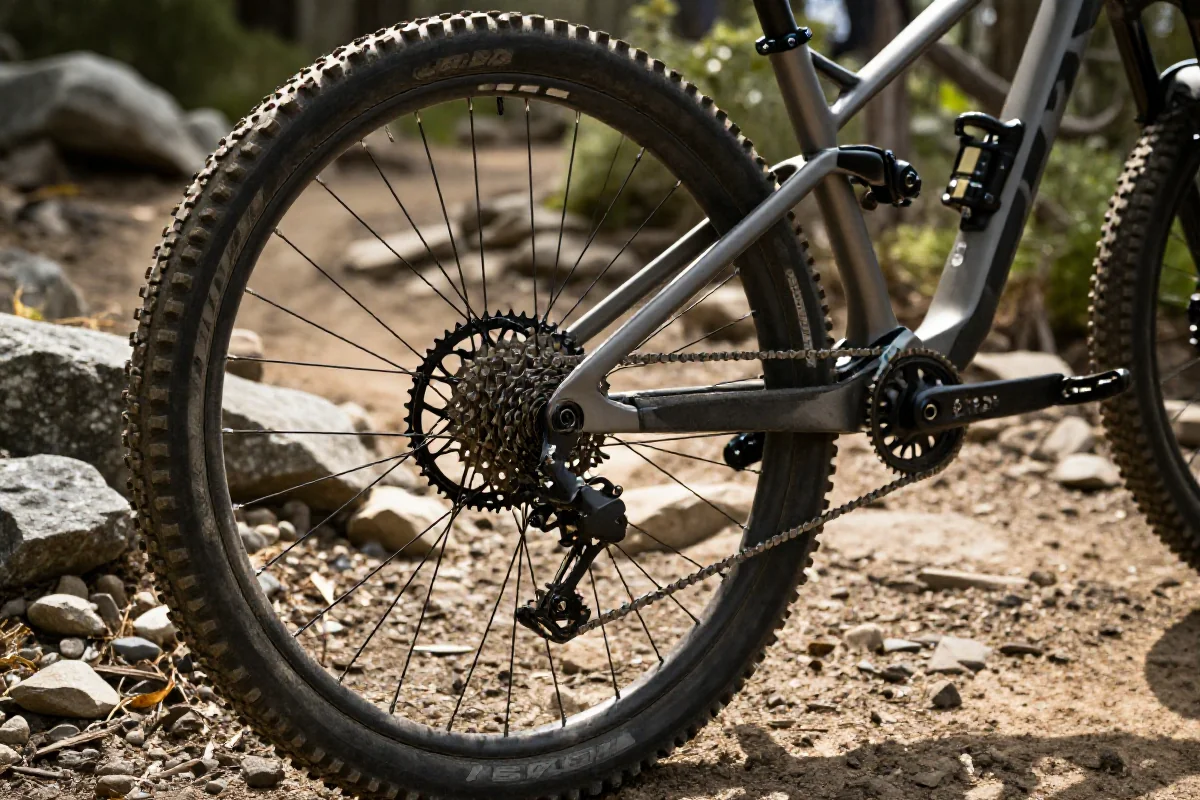 Przybliżenie na tylne koło roweru górskiego z detalami napędu.