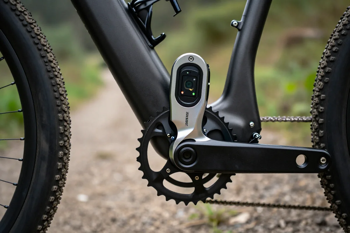 Nowoczesny miernik mocy zamontowany na napędzie roweru górskiego.
