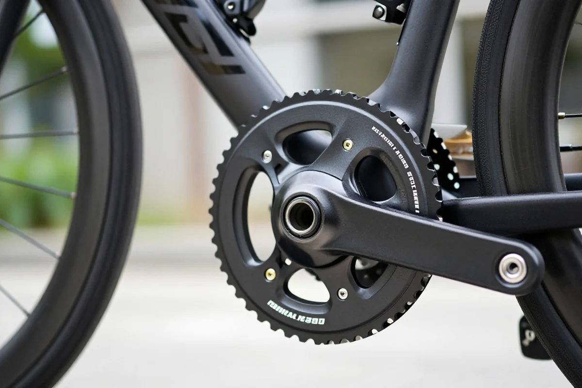 Miernik mocy zamontowany w korbie roweru szosowego, nowoczesna technologia.