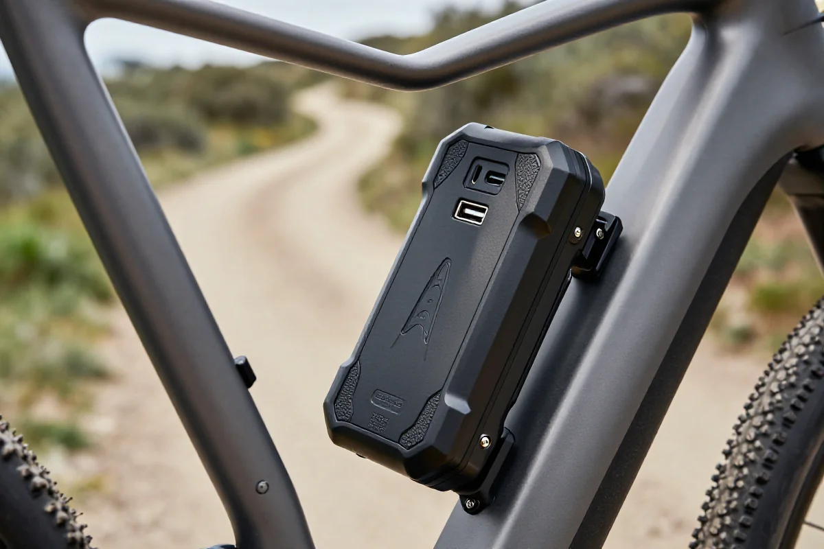 Powerbank rowerowy zamontowany na ramie roweru w terenie