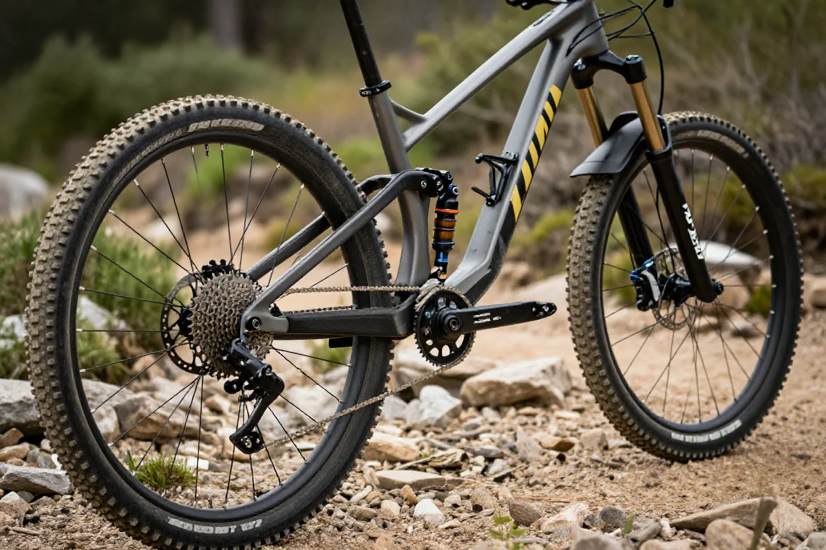 Rower górski na trudnym szlaku, ilustrujący technikę jazdy na poziomie intermediate.