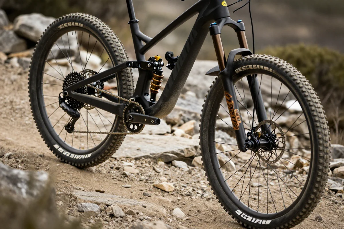 Zaawansowany rower górski na trudnym szlaku kamienistym.