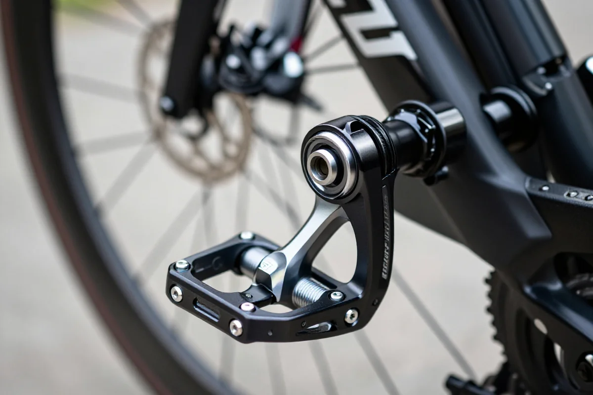 Szczegółowy widok systemu pedałów rowerowych z regulacją bloczków.