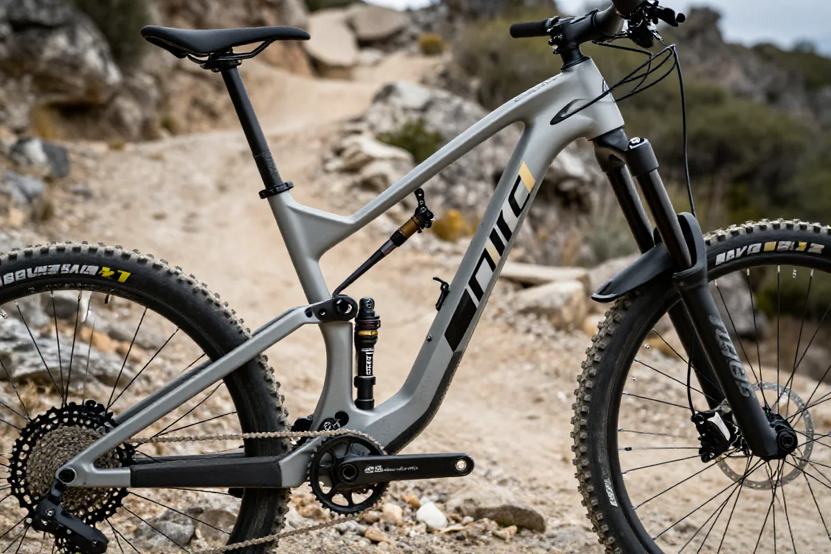 Nowoczesny rower górski na stromej trasie, ukazujący geometrię ramy i komponenty.