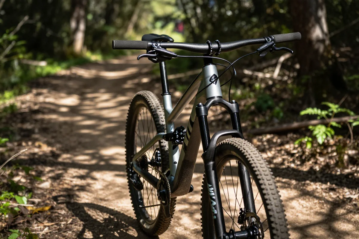 Rower górski na szlaku z naturalnym krajobrazem, ukazujący detale ramy i kierownicy.
