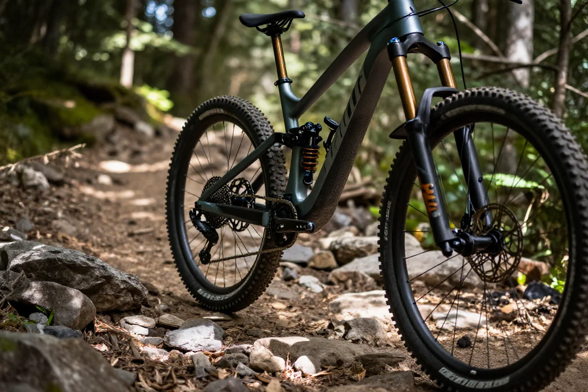 Rower górski z niską pozycją na zjeździe w lesie, kluczowy element techniki zjazdowej.