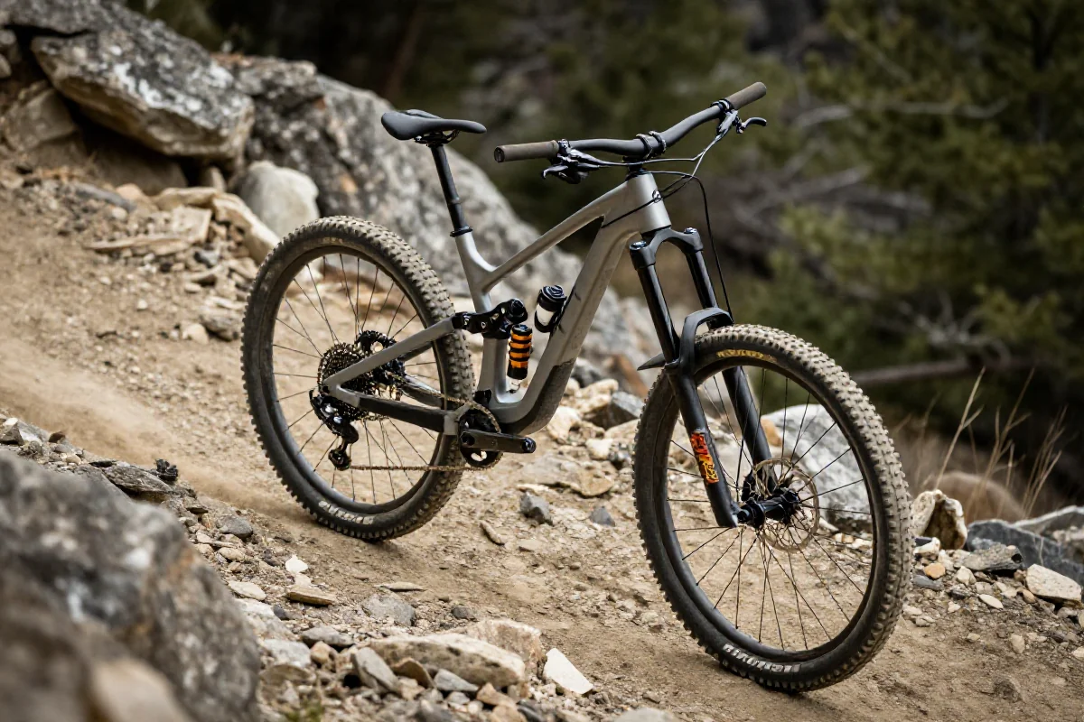 Rower górski na stromej trasie zjazdowej, ukazujący technikę jazdy.