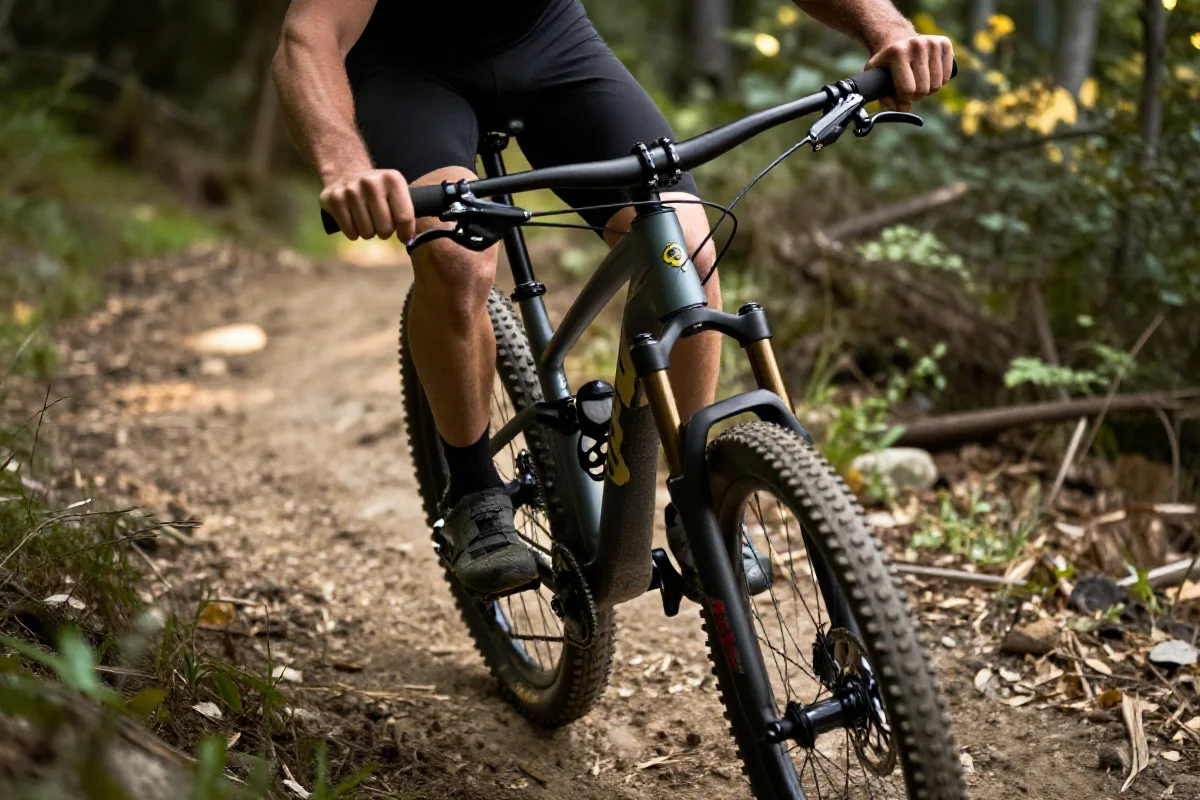 Rower górski na szlaku, ukazujący technikę siedzącego wspinania w naturalnym otoczeniu.