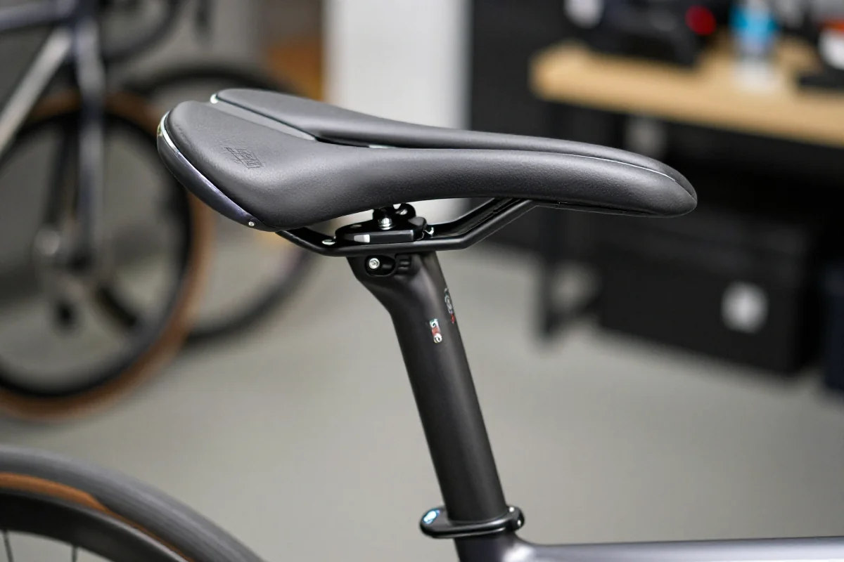 Saddle and seat post adjustment on rower, pokazujący pozycję fore-aft.